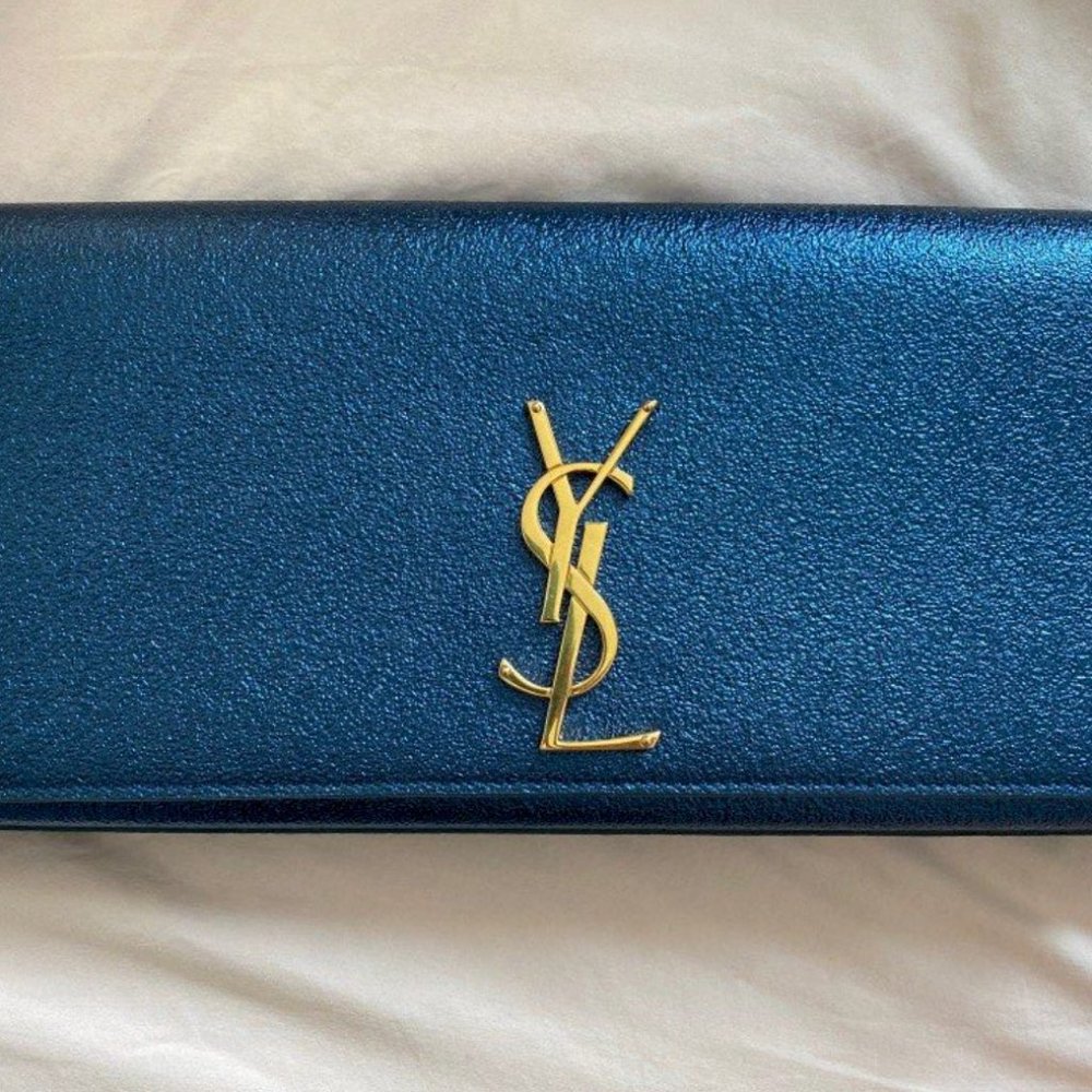 Saint Laurent Metallic Blue Cassandre Clutch Bag